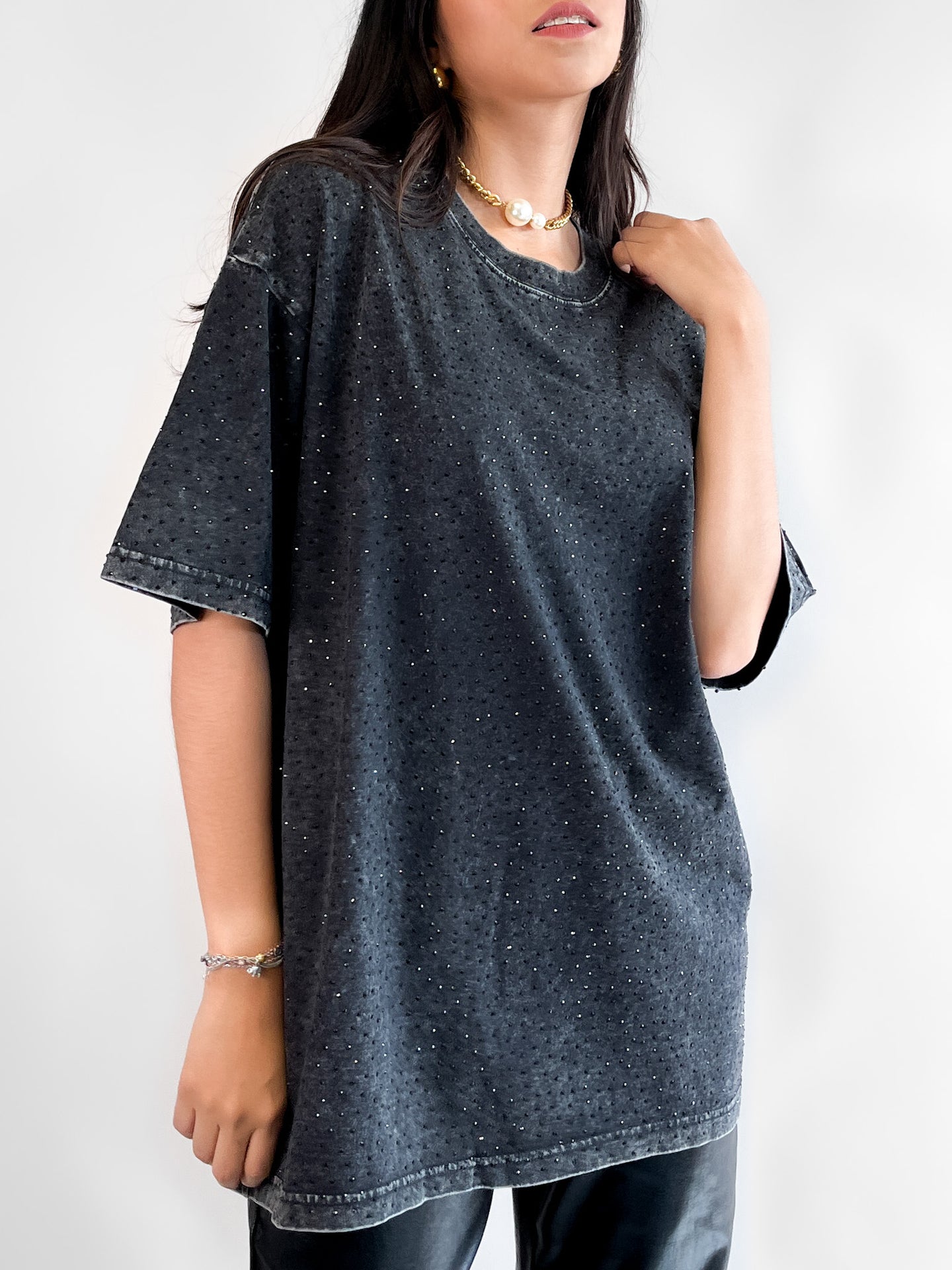 Tshirt oversized acid wash con piedras - Negro