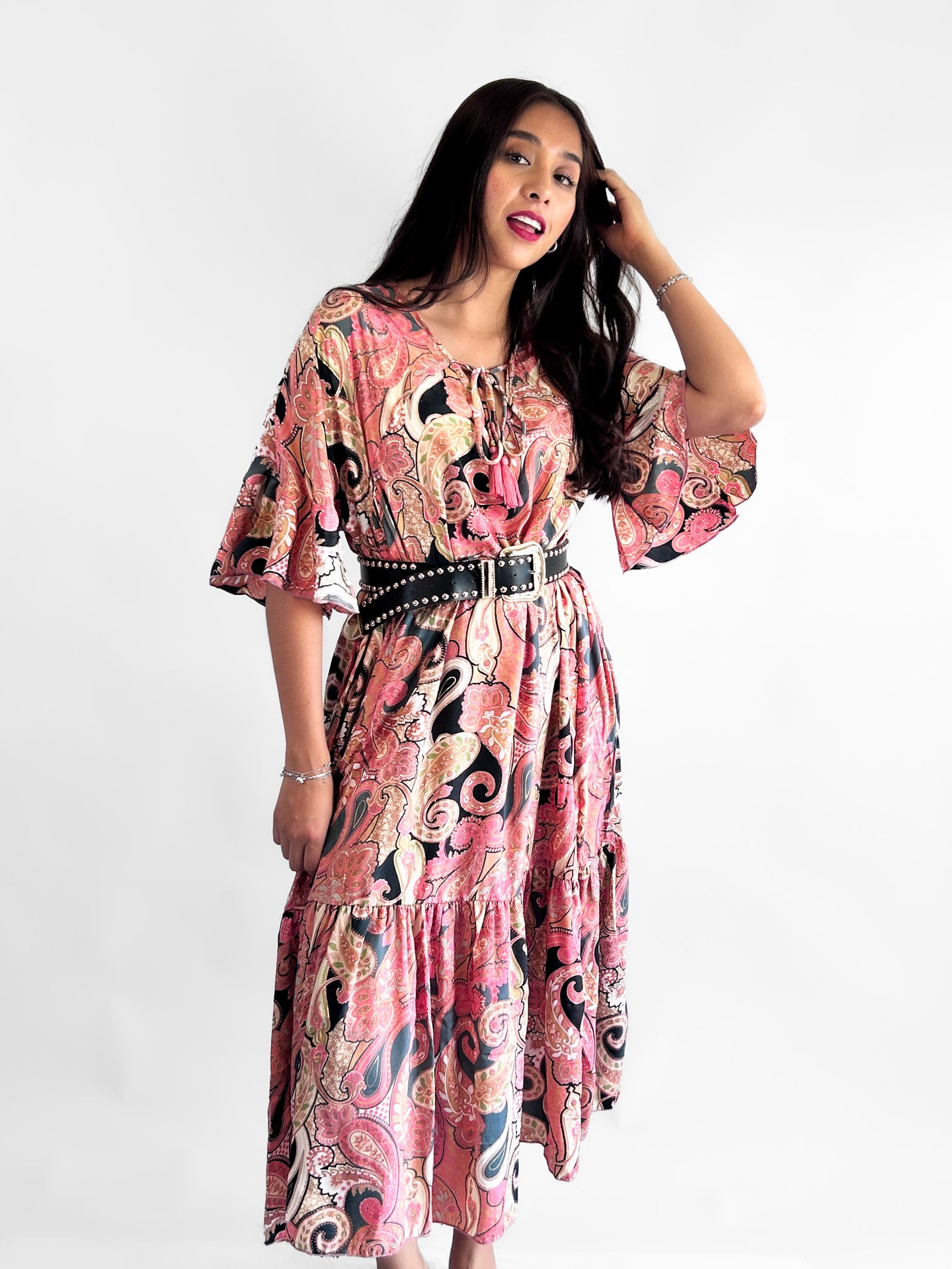 Maxi vestido hindu manga 3/4, unitalla