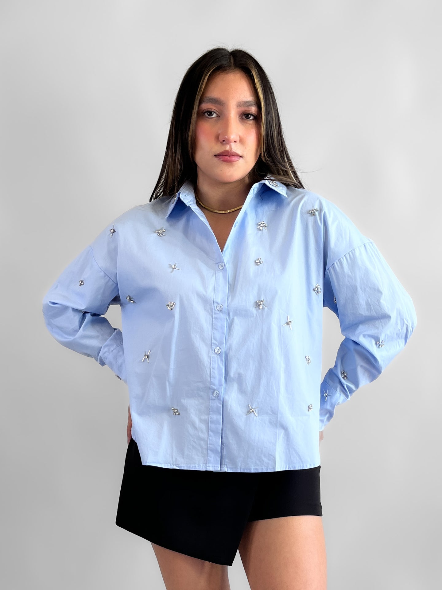 Camisa popelina con piedras- Azul