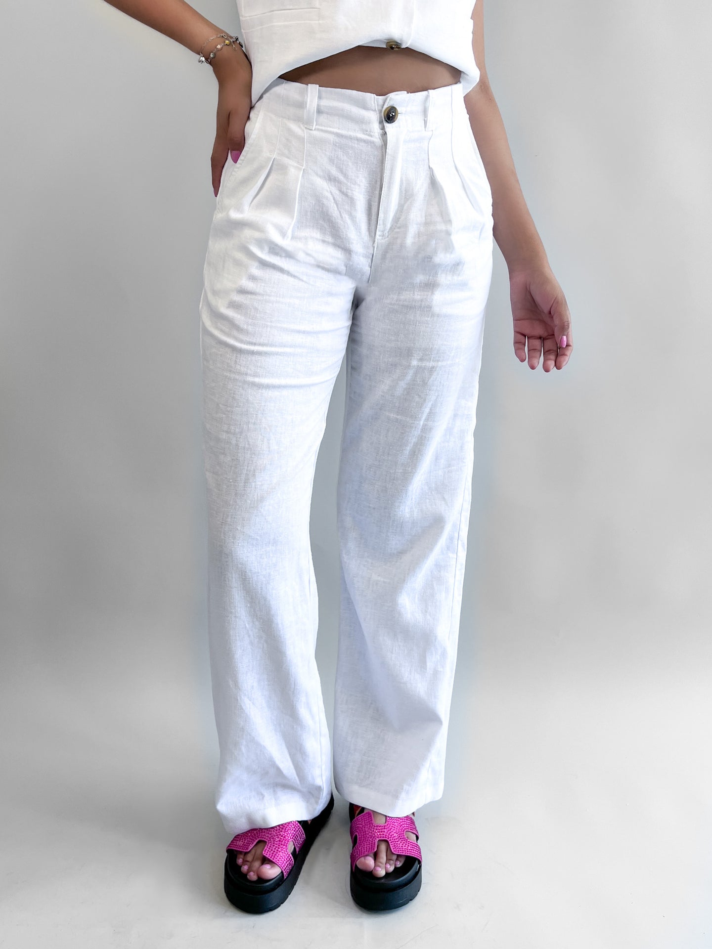 Pantalon recto lino con pretina - Blanco