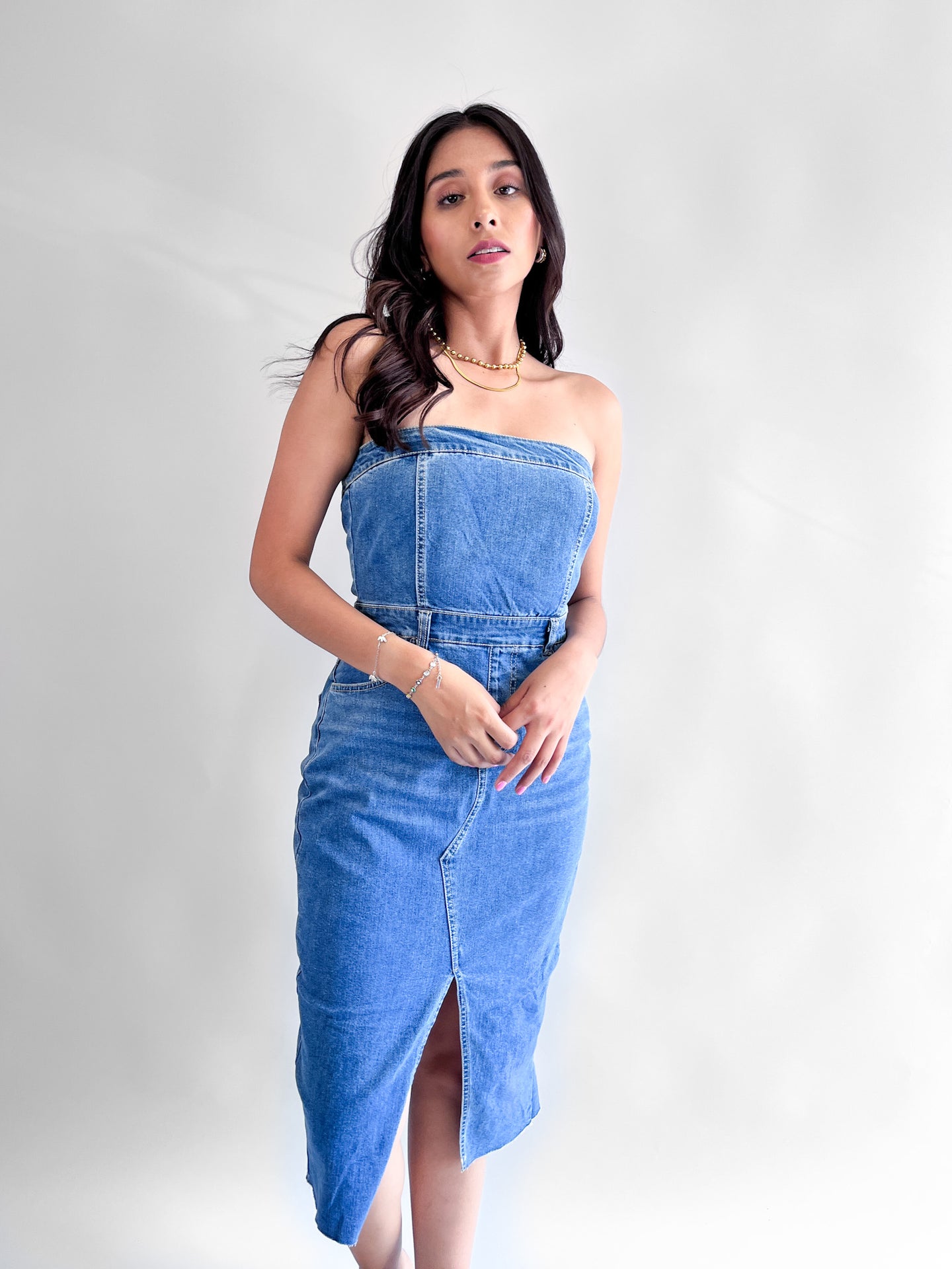 Vestido midi strapple denim