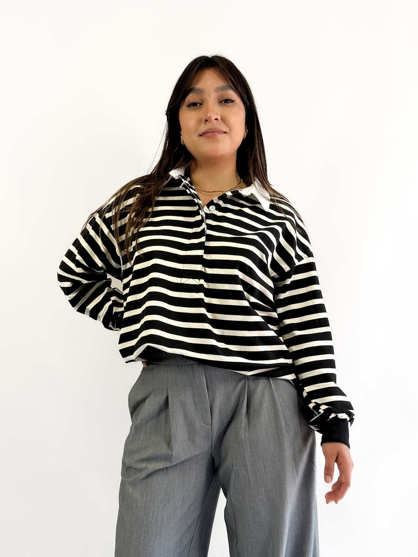 Rugby polo rayada con cardigan puño - Negro/blanco