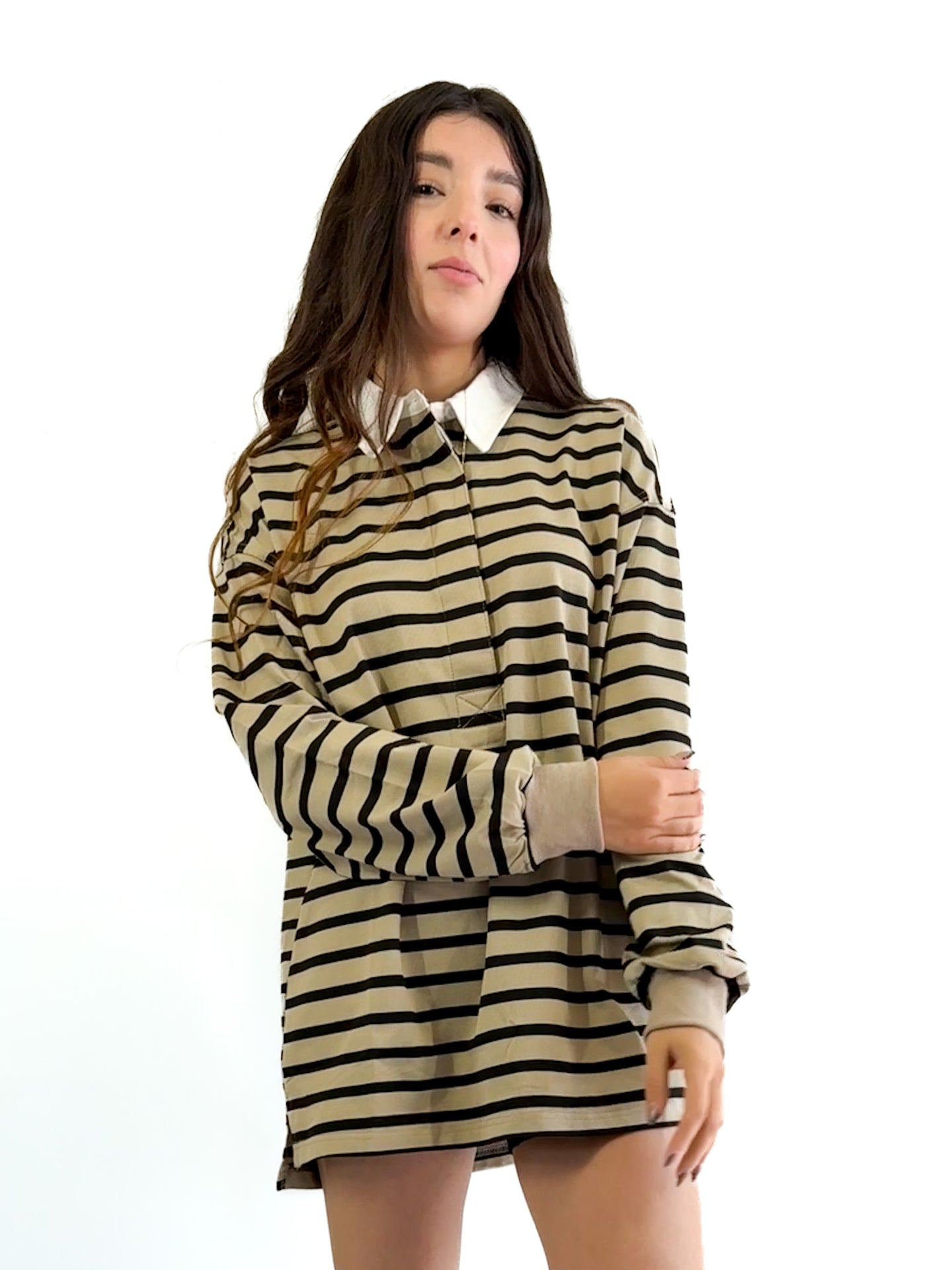 Rugby polo rayada con cardigan puño - Negro/Kakhi