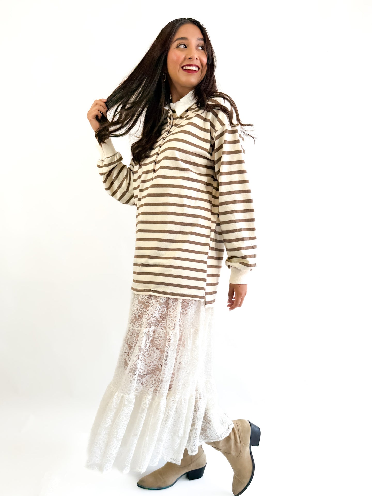 Rugby polo rayada con cardigan puño - Beige/cafe