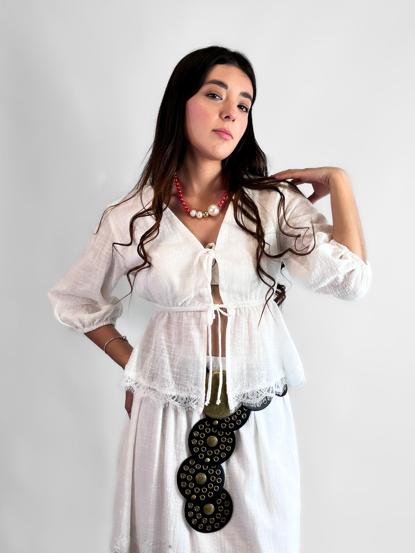 Blusa algodón encaje manga 3/4 - Blanco