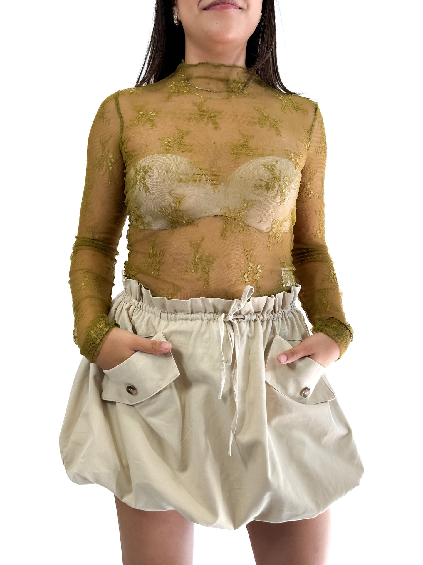 Blusa mesh/encaje manga larga, cuello mao