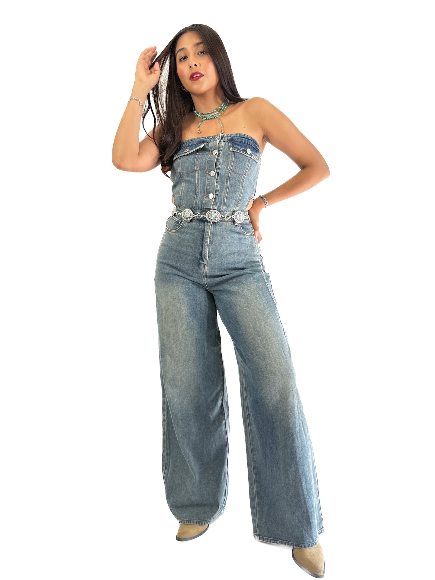 Jumpsuit cut out denim strapple