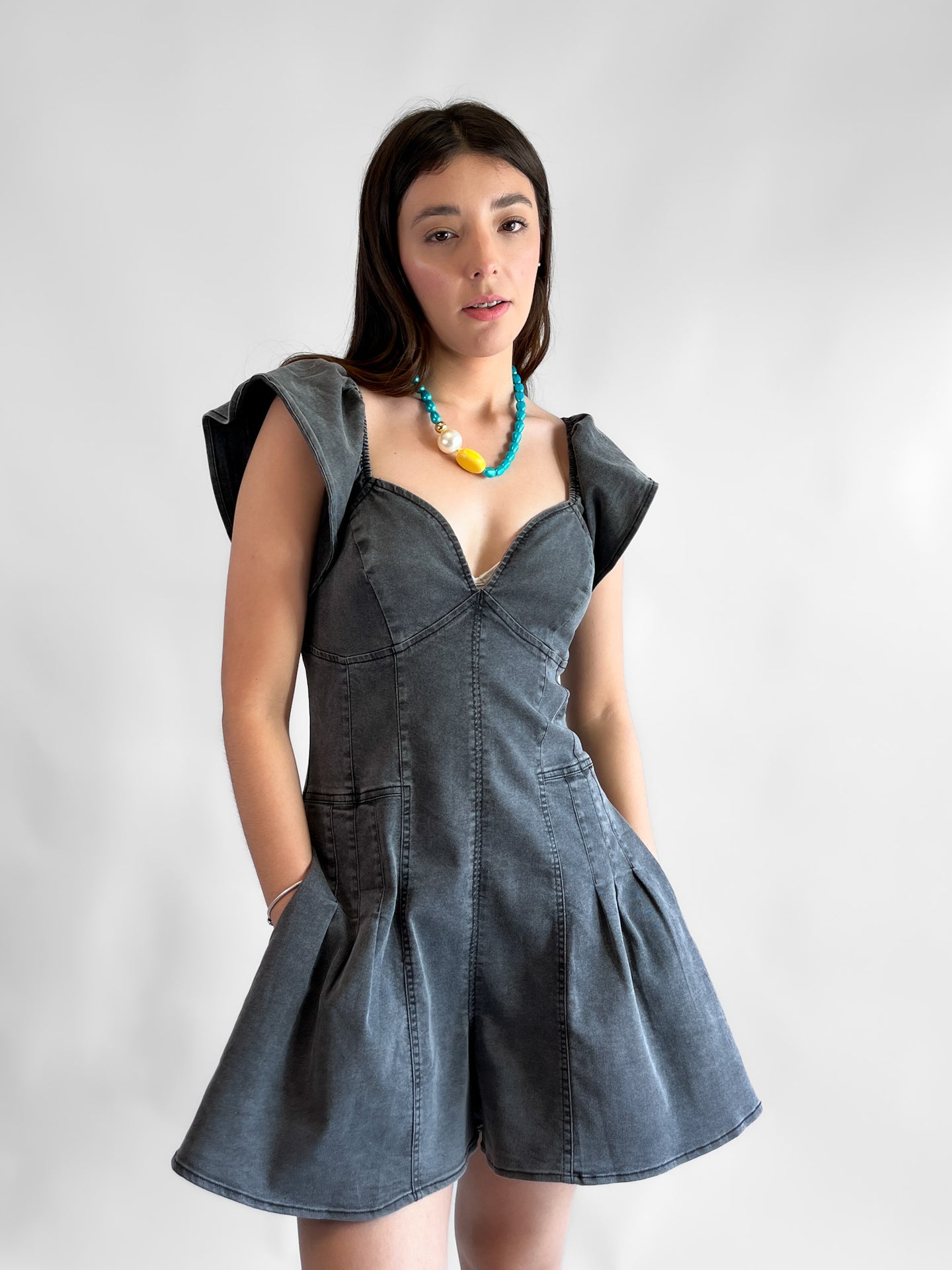Romper denim strech manga ruffle