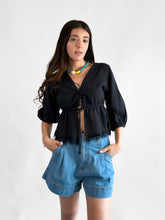 Cargar imagen en el visor de la galería, Blusa algodón encaje manga 3/4 - Negro
