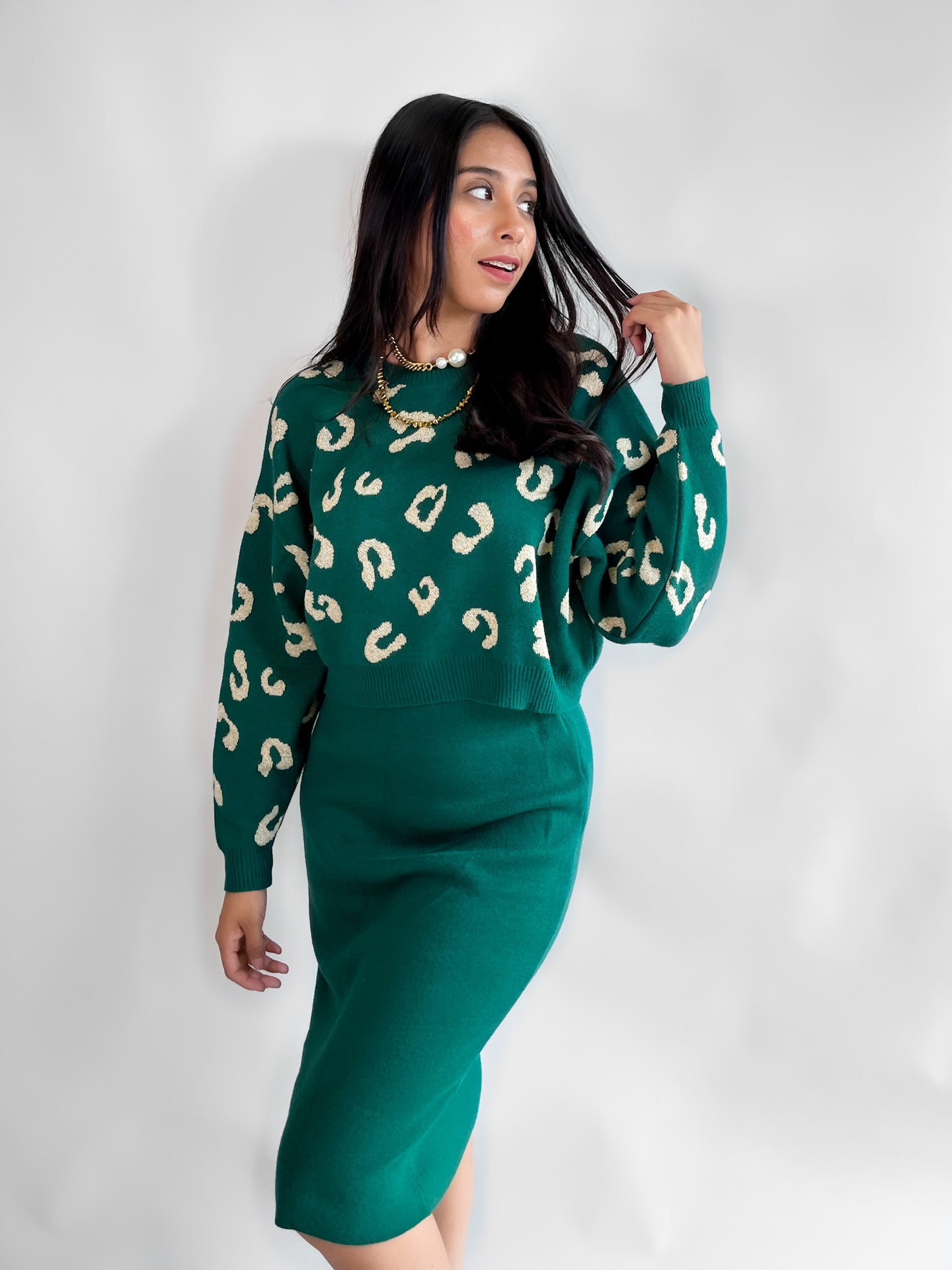 Set tejido falda y sueter print - Verde